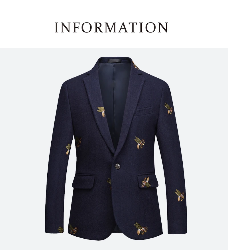 Shenrun мужская куртка блейзеры темно-синий камвольный пчела вышивка Свадебный костюм жениха Тонкая Повседневная куртка высокого качества плюс размер Блейзер
