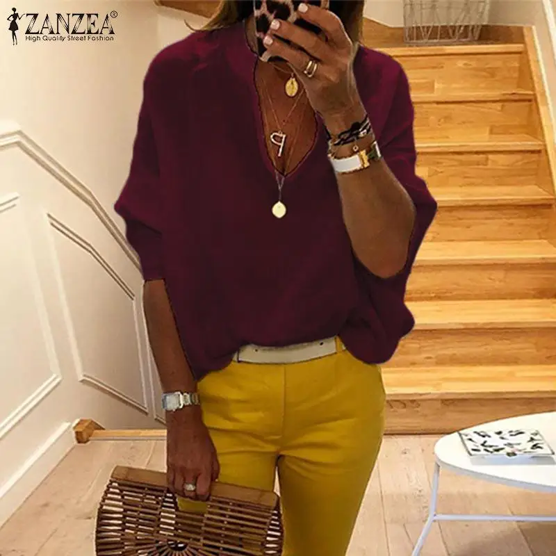 Plus Size Women's Summer Blouse ZANZEA Elegant White Tops Casual V Neck Blusas Female Puff Sleeve Shirt Female Solid Tunic
