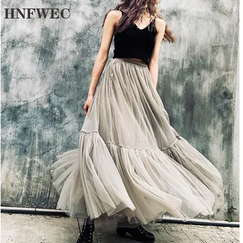 

2020 Spring Summer New Arrivals Ball Gown High Waist Mesh Decoration Women Solid Pattern Casual Fashion Skirt V756