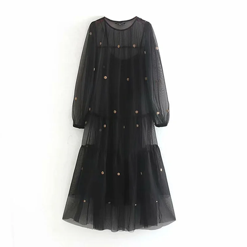 Женское черное платье в горошек из двух частей, прозрачное Сетчатое платье с круглым вырезом и длинным рукавом, плиссированное свободное платье до колен, ropa mujer - Цвет: Black