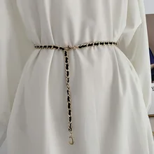 Fashion Stitching Cortex Metal Retro Chain Women Thin Waist Chain Personalized Metal Leather Weave All-Match Dress New Waistband
