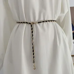 Fashion Stitching Cortex Metal Retro Chain Women Thin Waist Chain Personalized Metal Leather Weave All-Match Dress New Waistband