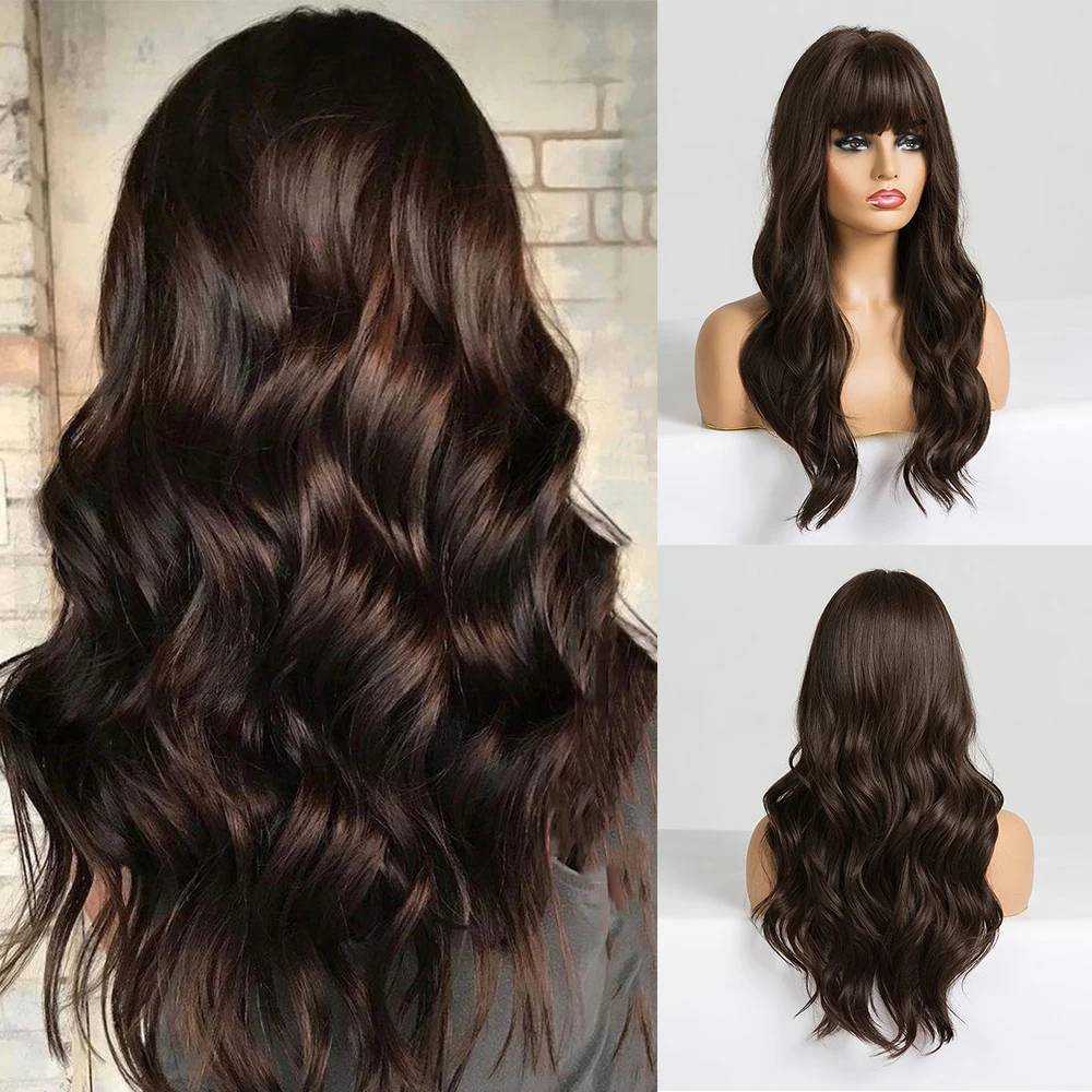 Womens Wigs Bangs American-Hair Heat-Resistant Water-Wave Dark-Brown Black Long 