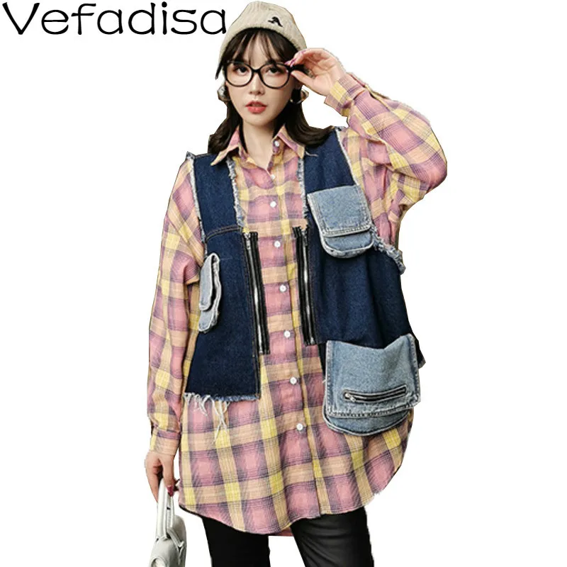 

Vefadisa Plaid Long Sleeve Blouse For Women Spring 2020 Casual Lapel Blouse Loose Patchwork Pocket Denim Vest Detachable QYF1650