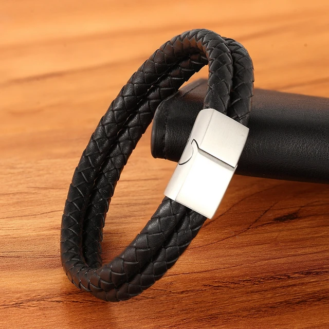 Men’s Double Layer Black Genuine Leather Bracelet Budget Friendly Accessories