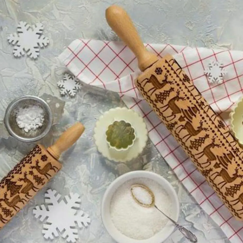 Rolling Pins for Baking Christmas Patterned Rolling Pin Beautiful Wooden Rolling Pin Elk Wood Kitchen Gingerbread DIY Cookies