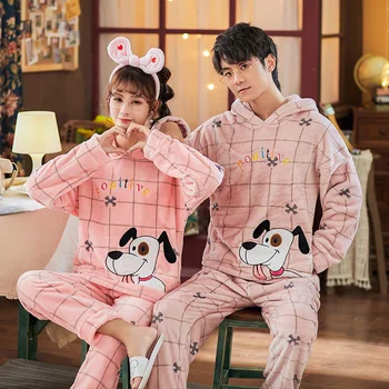 

Couple Pajamas Sets Winter Flannel Sleepwear Men Home Pyjamas Loose Elastic Warm Coral Fleece Lovers Tracksuit One Set