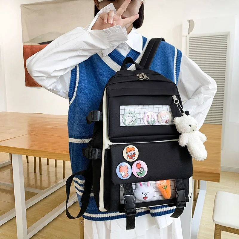 2021 New 4 Pcs Set Kawaii Women's Backpack Purple Colours Cute Canvas School Bags for Teenage Girls College Student Kids BookBag 