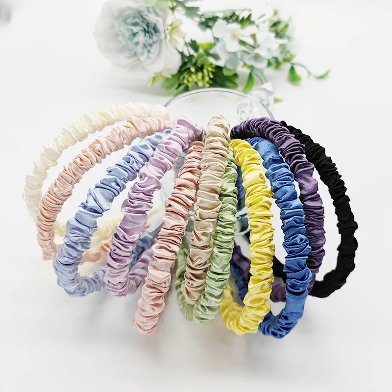 1,4 cm Satin Plissee Stirnbänder Mädchen Dünne DIY Haarband Einfarbig Kunststoff Haar Hoop für Frauen Vintage rutschfeste Haar Zubehör – Detail 3