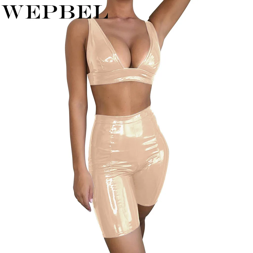 

WEPBEL Womens Bright PU Leather Sets Sexy Club Deep V-neck High Waist Slim Bra Shorts Two Piece Pants Suits Outfits for Female