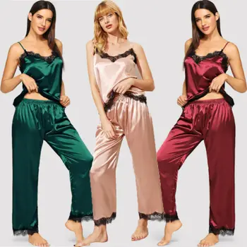 

2019 Fashion Trend Women Girl Silk Satin Pajamas Set Sleeveless Tank Tops Long Trousers Suit Sleepwear Nightwear Leisrue Wear