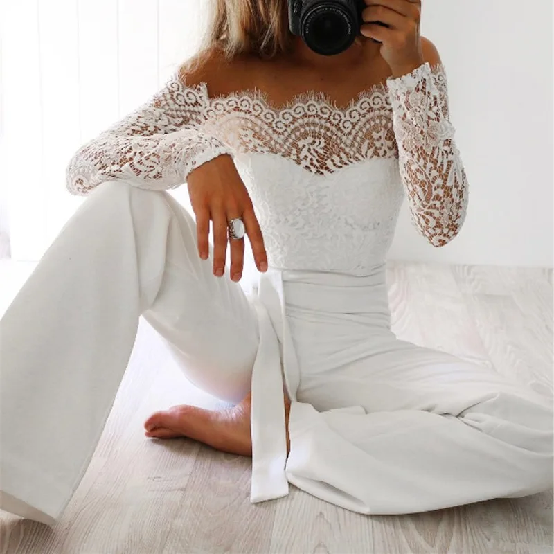 

Sexy Women Jumpsuit Off Shoulder Long Sleeve White Playsuit Trousers 2019 Lace Floral Bodycon Romper