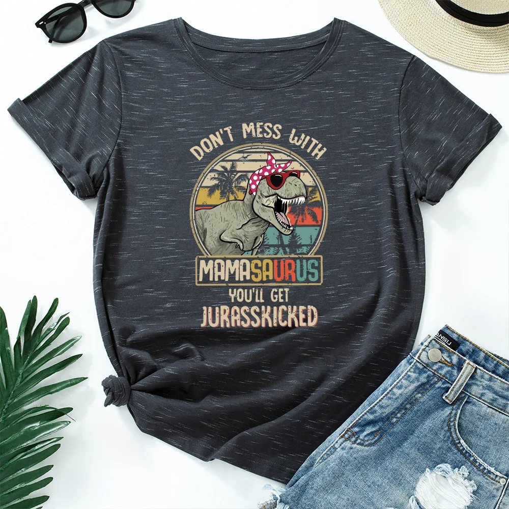 Camisetas estampadas de algodón para mujer, Camiseta holgada de manga corta con cuello redondo, Tops de talla grande, ropa de verano para mujer con masaurus