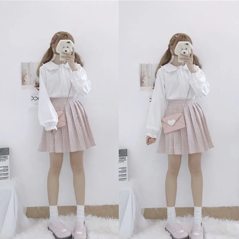 Fashion Peter Pan Collar Lolita Blouse Kawaii Long Sleeve White Shirt Lantern Sleeve Top Teen Preppy Style School Girl Party
