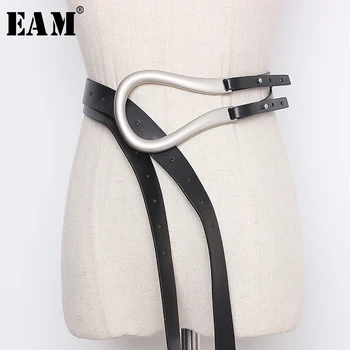 

[EAM] Pu Leather Multicolor Buckle Split Long Wide Belt Personality Women New Fashion Tide All-match Spring 2020 1N946