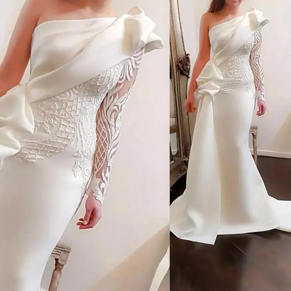 

Elegant One Shoulder Lace Mermaid Wedding Prom Dresses Ruched Ruffles Train Evening Gowns Backless Dubai платье فساتين السهرة