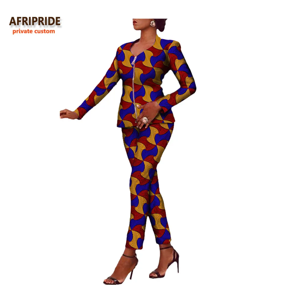 Afripride Африканский принт 2 шт брюки Блейзер костюм для женщин сделанный на заказ Молния Fly топ+ длинные брюки хлопок костюм A722634 - Цвет: 543J