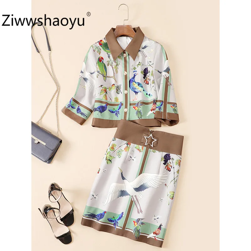 Ziwwshaoyu мультфильм животных принтованный костюм с юбкой для женщин Половина рукава однобортный пиджак+ Высокая талия юбка осенний комплект из двух предметов