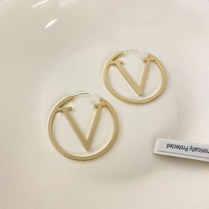 Statement Heavy Metal V Letter Circle Earrings for Women Gold