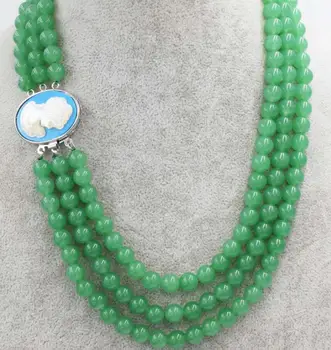 

Free Shipping 3rows green jade round 8mm +beautiful woman head clasp necklace 18-20inch wholesale beads nature FPPJ woman