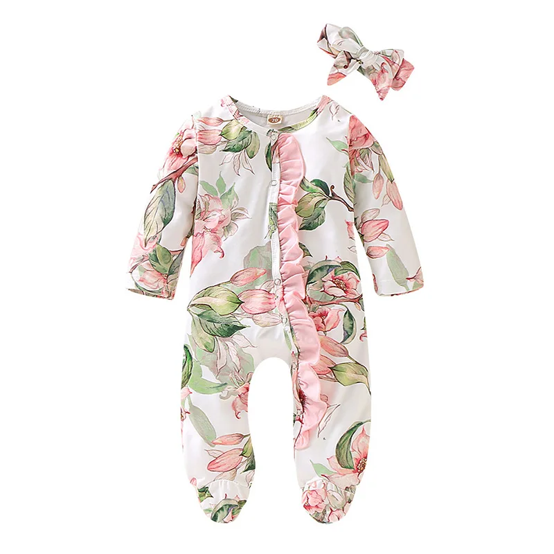 New Born Infant Baby Girl Boy 2020 Newborn Infant Baby Girl Boy Footed Sleeper Romper Headband Clothes Outfits Set rompers