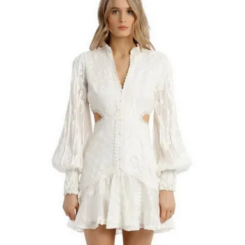 

Hollow Out Sexy V-neck Mini Dress 2020 Spring Style Women Lace Embroidery Robe Femme Long Sleeve White Casual Dress Vestidos