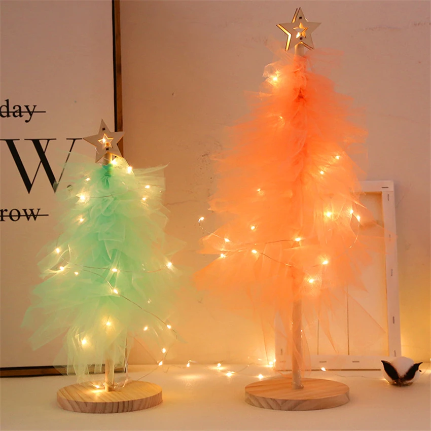 Nordic Christmas Tree Gauze Night Lights Net Yarn Lamp Christmas Tree Bedroom Room Girl's Gift Decoration Nights Lamp