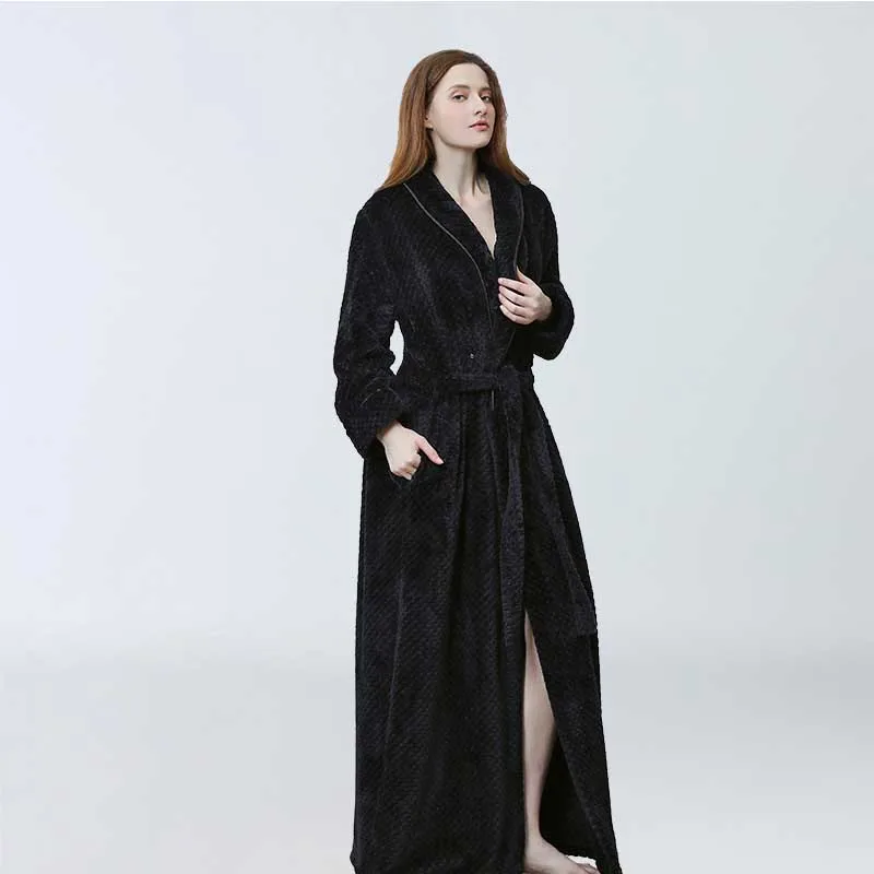 Женский халат, зимний теплый фланелевый банный халат, длинный, размера плюс, для влюбленных пар, ночной халат, Мужская Ночная рубашка - Цвет: women black
