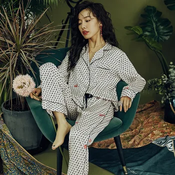 

White Print 2PCS Sleepwear Women Pajamas Sets Satin Shirt&Pants Silky Long Sleeve Pyjamas Suit Female Casual Home Clothes