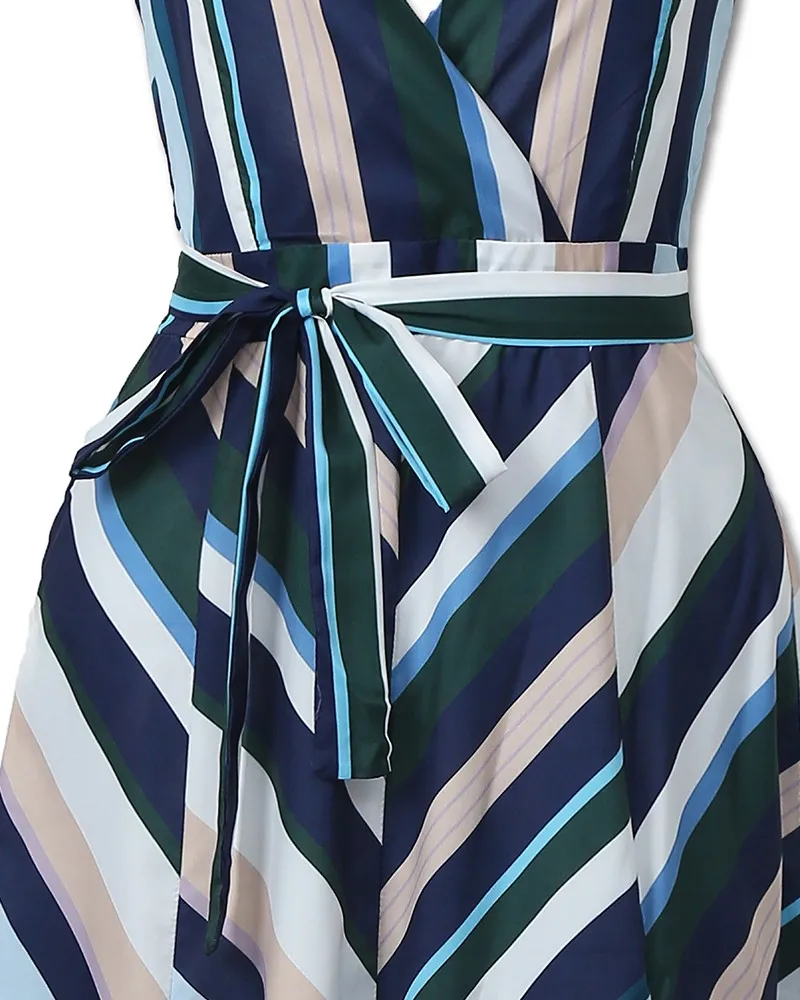 New Women Fashion Chevron Stripes Backless Belted Slit Casual Maxi Dress Elegant Wrapped Sleeveless Side Slit Long Party Dress