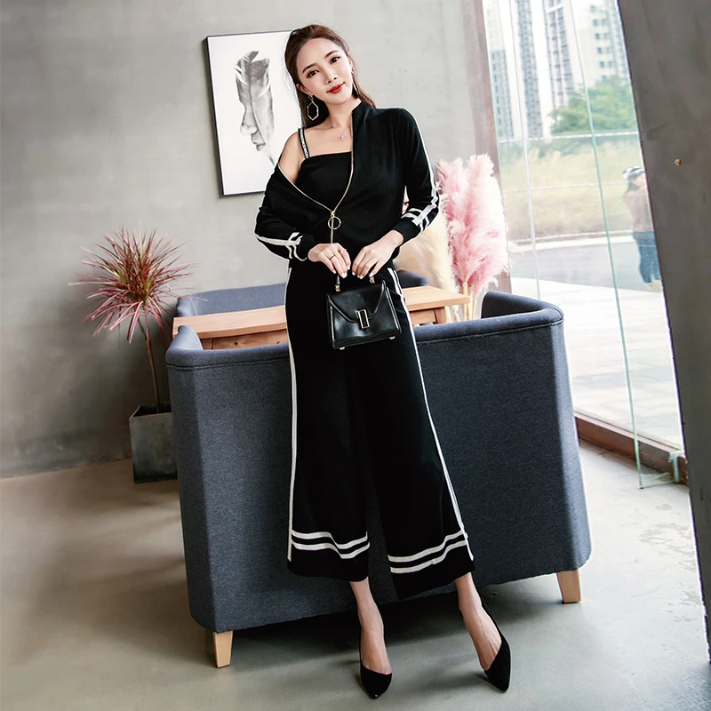 

Autumn Winter Women Casual Knitted Sweater Long Pants Set Long Sleeve Zipper Jumpers Cardigan + Vest + Wide Leg Trousers Suits