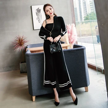 

Autumn Winter Women Casual Knitted Sweater Long Pants Set Long Sleeve Zipper Jumpers Cardigan + Vest + Wide Leg Trousers Suits