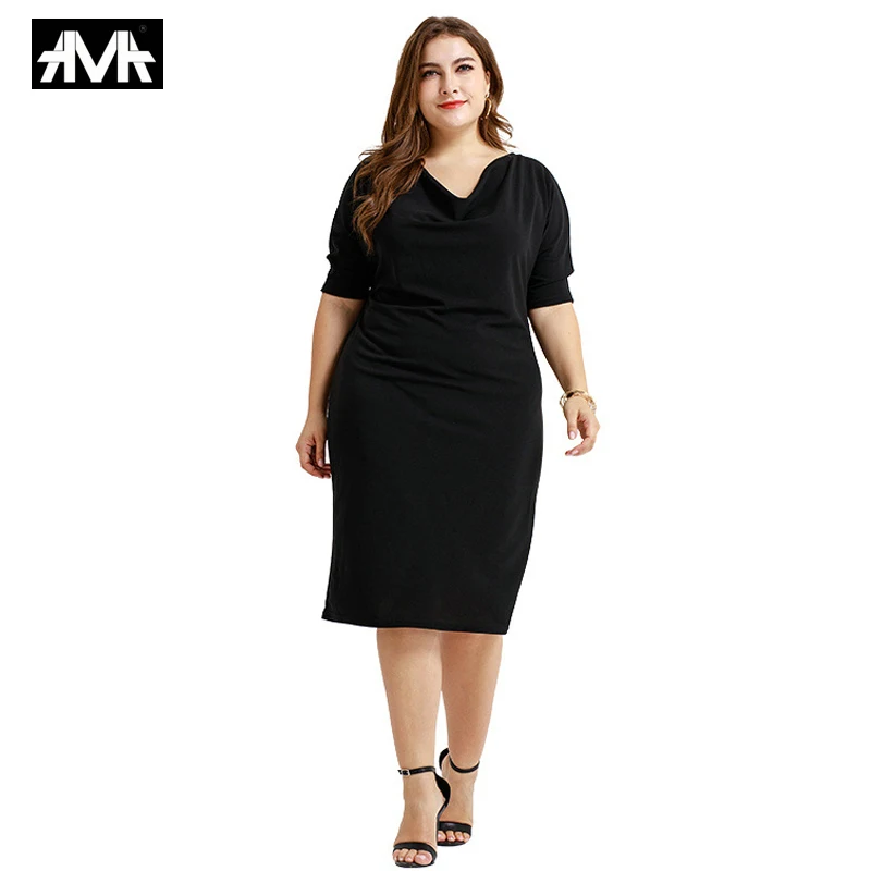 

.A.M.A. Summer Dress for Women Black Plus size XL-3xl Short Sleeve Femme Dress Trendy Elegant Women's Dresses for Office
