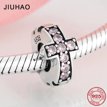 

New 925 Sterling Silver Cross Pink CZ Fine spacer stopper beads Fit Original European Charm Bracelet Jewelry making 2018