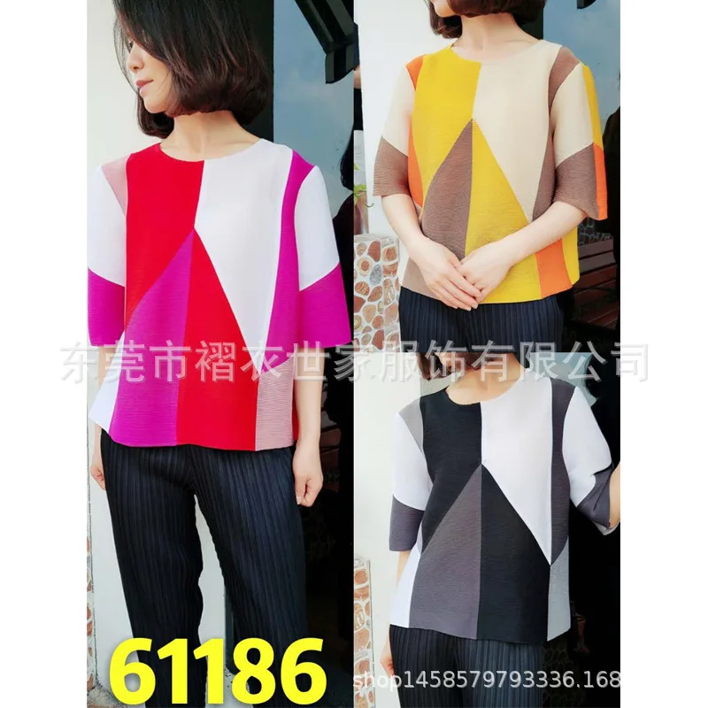 Горячая Miyake fold patchwork элегантная свободная плиссированная Женская футболка