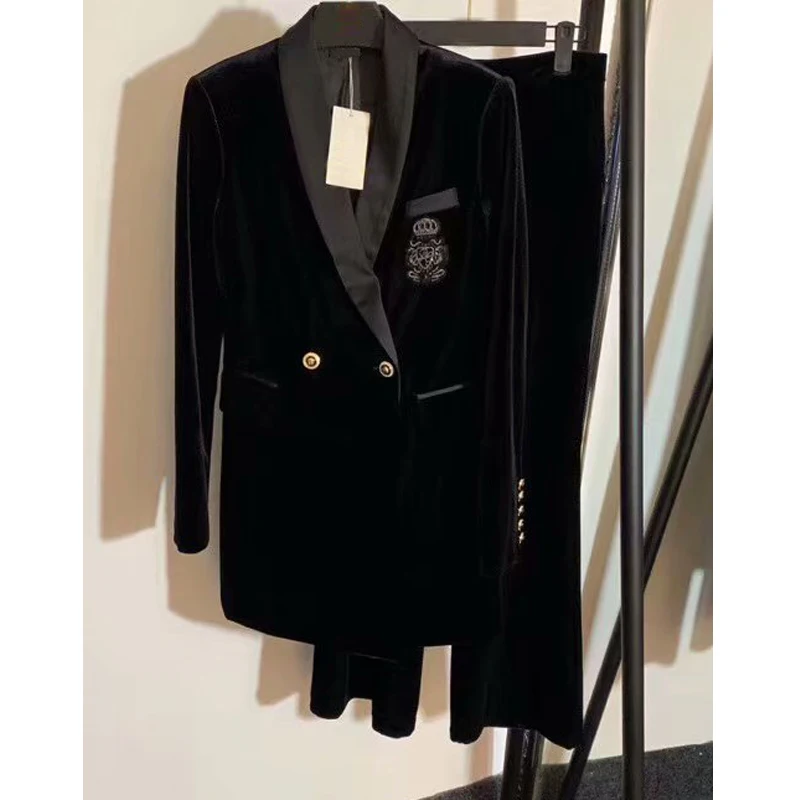 Черный 10.21 Fashion New beading sequined embroidery pattern fashion 2 Button pleuche blazer coat+ High waist micro flare pants suit - Цвет: Черный