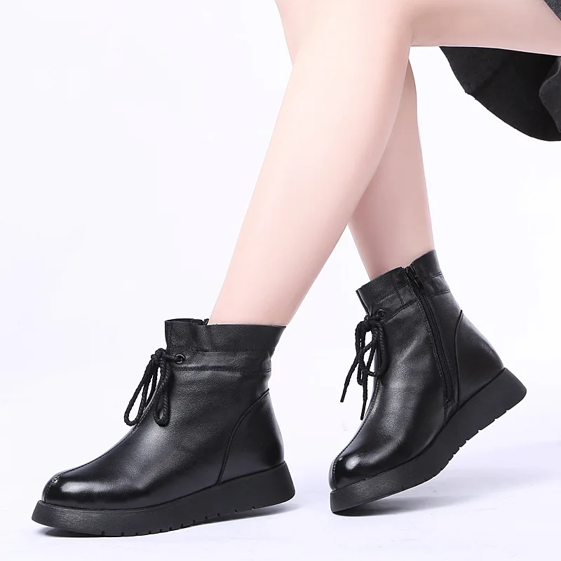 30℃ Wool Fur warm Cow Leather ankle boots women winter Genuine Leather botas Lace up plush Cotton snow Boot Slip On shoes