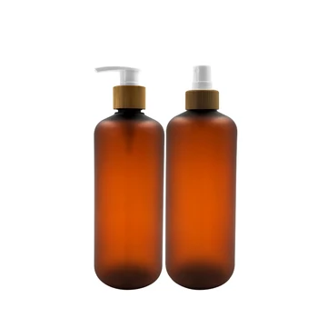 

Shampoo skincare bamboo oil bottle 500ml 60ml 120ml 250ml Amber Frosted Cosmetic Bamboo Spray Pump Lid PET Plastic cbd Bottles