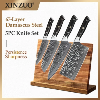 

XINZUO 5PCS Kitchen Knife Set Damascus Steel Kitchen Knives Set Stainless Steel Chef Meat Cleaver Knife Cutter Tool Ebony Handle