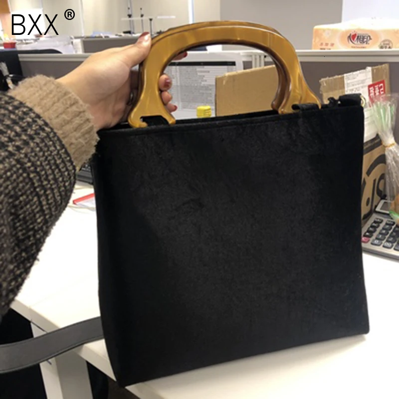 

[BXX] 2020 Temperament Retro Woman New Stylish Black Color Double Handles Single Straps Velvet Shoulder Bag All Match LM089