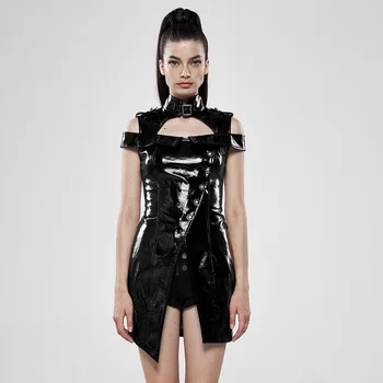 

PUNK RAVE Women Punk Flaming Patent Leather Dress Hidden Zip Pockets Hollow Out High Waist Irregular Hem Handsome Short Dress