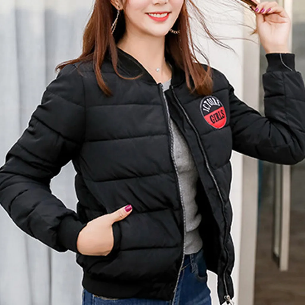 Fashion Fashion Vintage Women Jacket Coats Female Cotton-Padded Solid Down Long Sleeves Coat Baseball Jacket Coat#115 - Цвет: BK