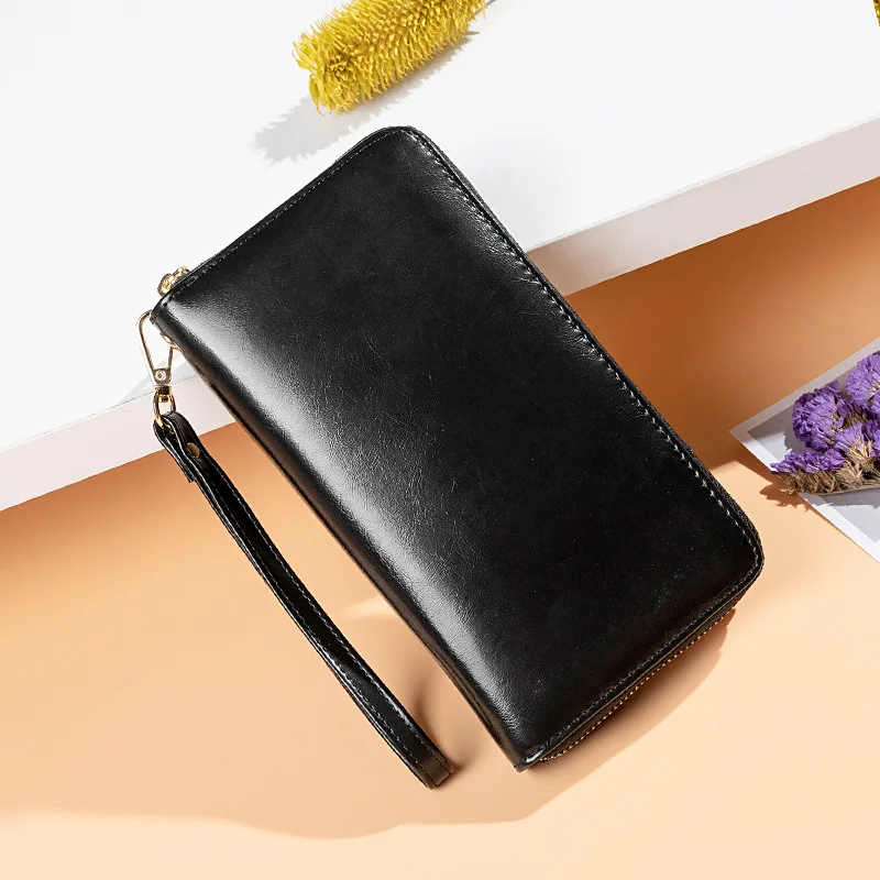 Oil Wax Skin Retro Long Wallet Large Capacity Hand Bag Multi-function Mobile Phone Bag 36 Anti-theft Swipe Card Bag - Цвет: Черный