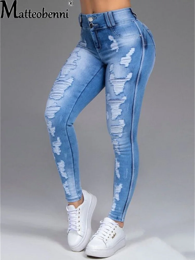 Women's Denim Pants  2021 New Fashion Ladies Jeans Slim Fit Show Thin Holes Do Old Holes Show Thin Stretch Waist Jean Trousers