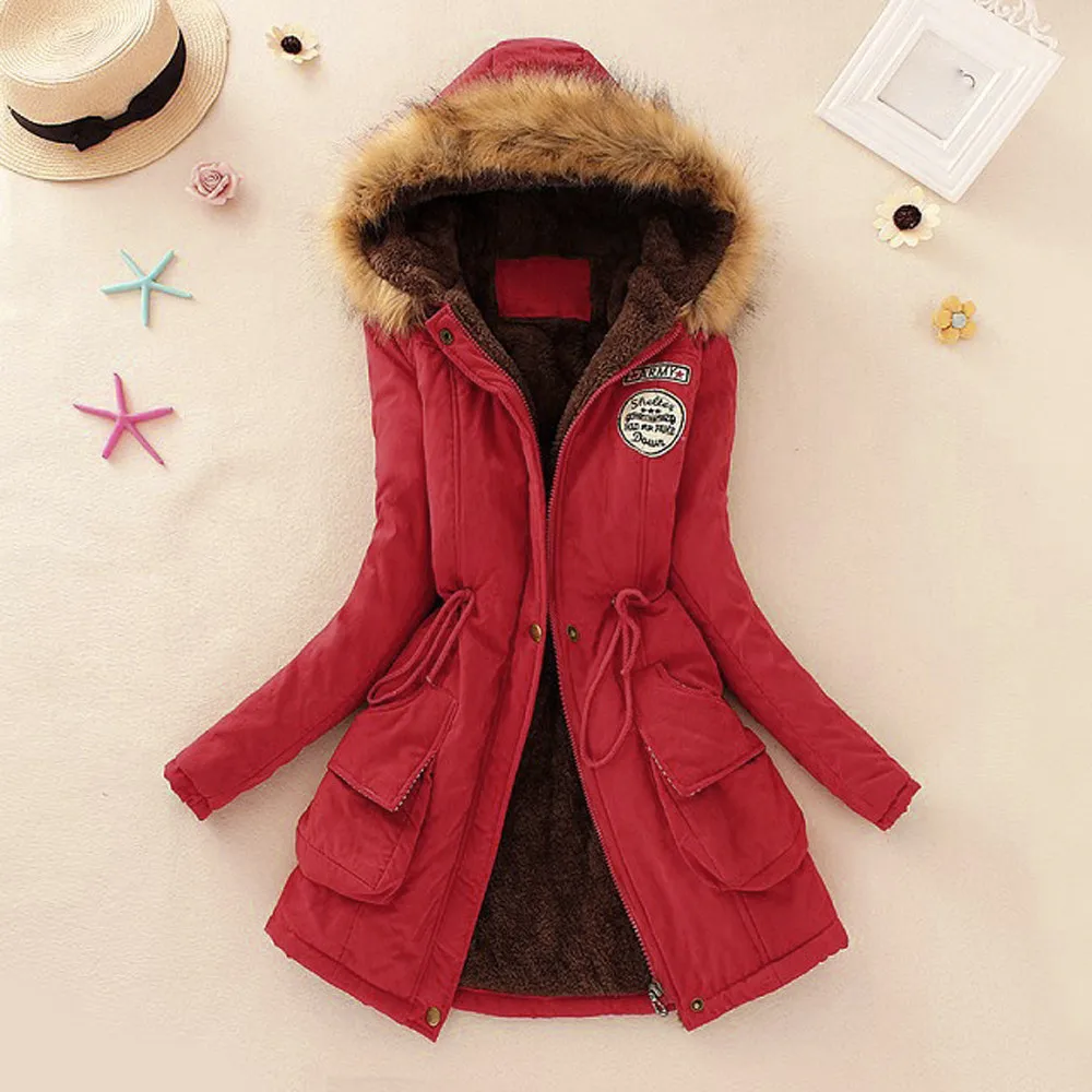 Coat 2019top Women Warm Long Coat Fur Collar Hooded Jacket Winter Parka Outwear