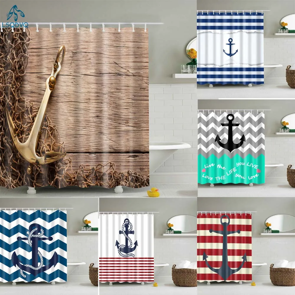 Nordic Navigation Anchor Lighthouse Bathroom Shower Curtain Frabic