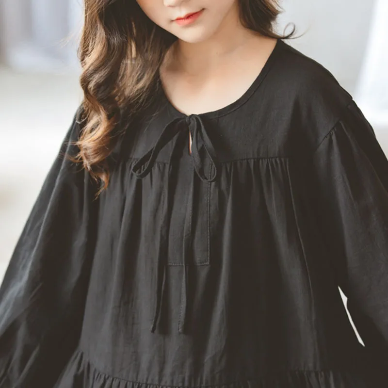 Хлопковое платье для девочек-подростков вечерние платья принцессы для маленьких девочек детская одежда черное платье с длинными рукавами Осенняя мода