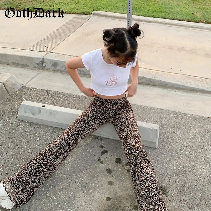 

Goth Dark Fashion Leopard Printing Gothic Pants E-Girl Vintage High Waist Flare Trousers Mesh Skinny Women Autumn Fashion Outfit