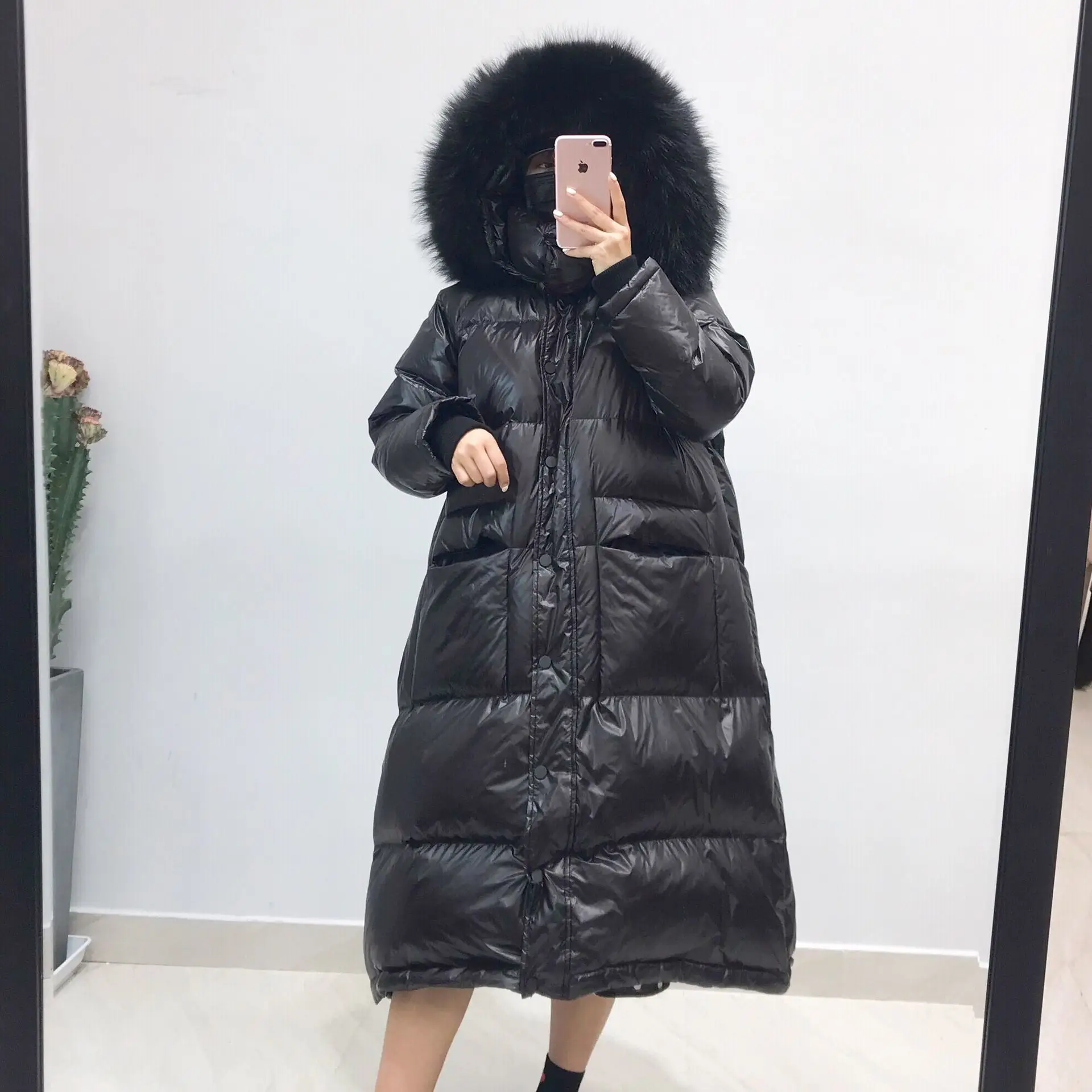Large Black Hair DEAT сплошной цвет с капюшоном на молнии большой меховой воротник свободный плюс женский пуховик хлопок коврик Повседневная простая Мода зима TV419 - Цвет: Large Black Hair