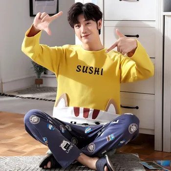 

Pajama men's autumn Pullover long sleeve cotton spring and autumn leisure suit men's pajamas autumn and Winter Youth cotton home